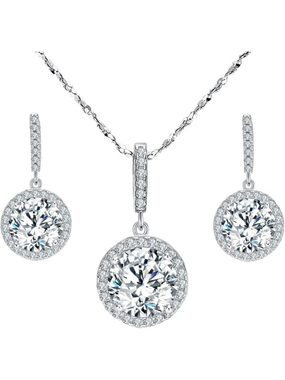 Stunning 925 Sterling Silver CZ Round Cut Wedding Necklace & Earrings Set for